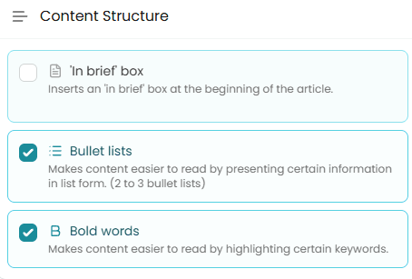 Wisewand Advanced Mode Content Structure panel with toggles for in-brief box, bullet lists, and bold words