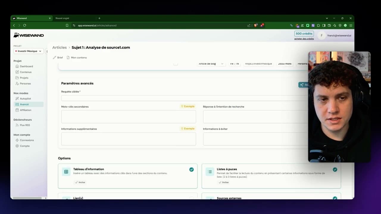 Wisewand Advanced Mode editor showing internal linking configuration options