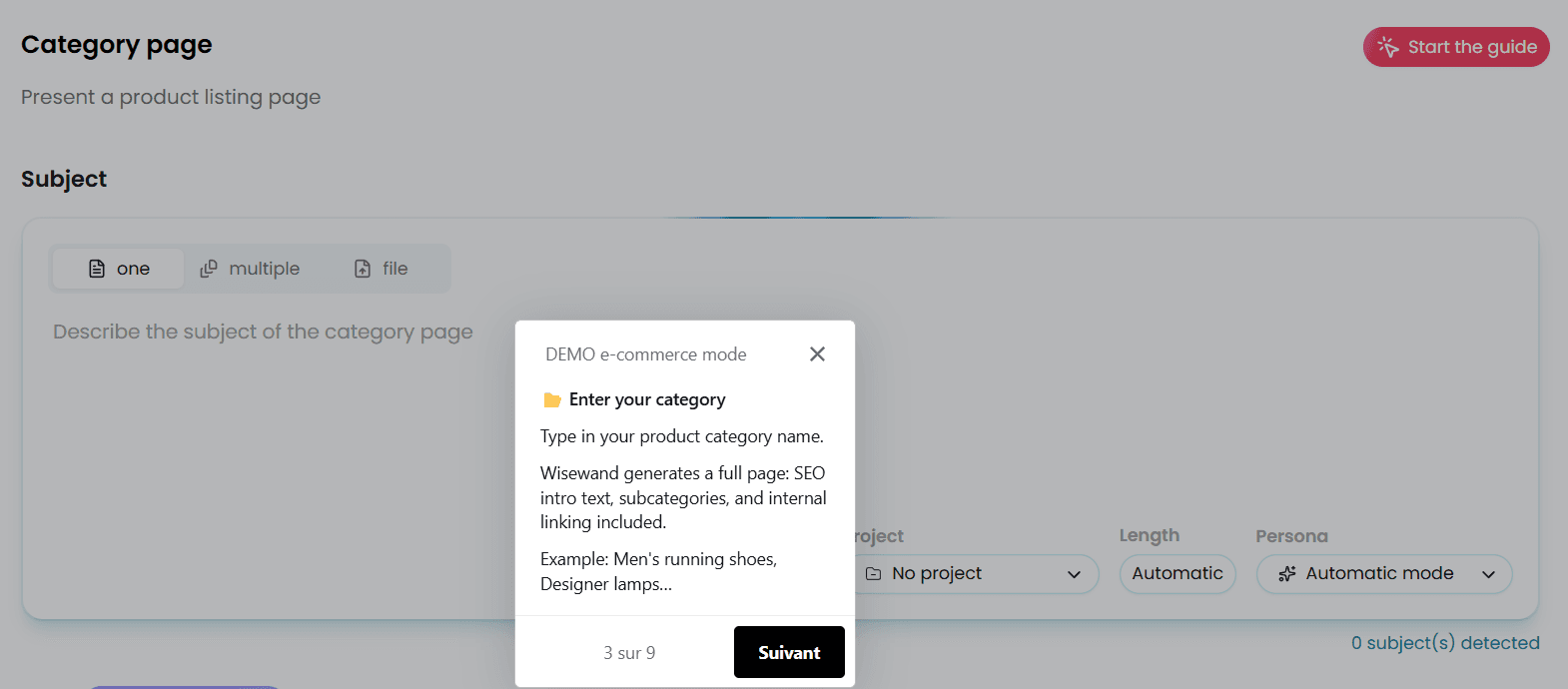 Wisewand Category page form with tooltip explaining automatic SEO intro text and internal linking generation