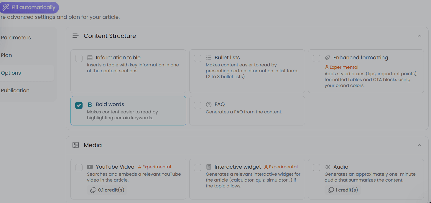 Wisewand E-commerce Mode content structure options including information table, bullet lists, bold words, FAQ, and enhanced formatting
