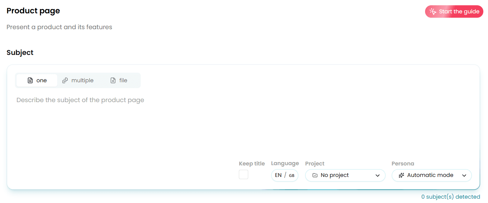 Wisewand Product page form showing subject input with one, multiple, or file options