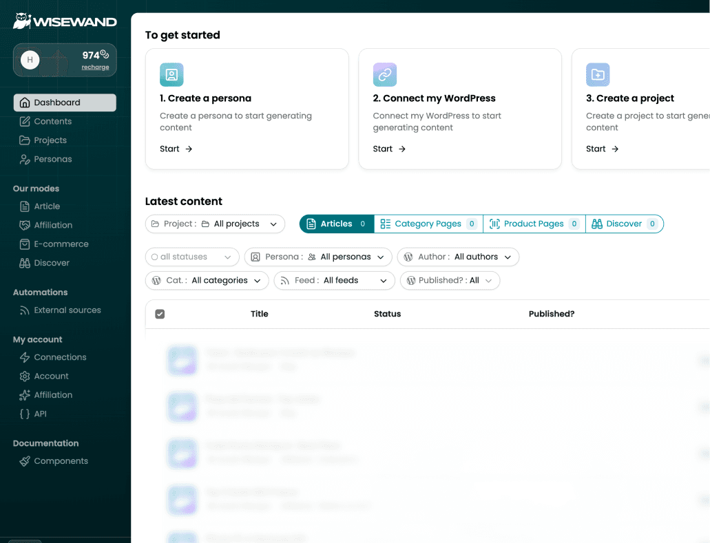 Wisewand dashboard with Connections section visible in the sidebar for WordPress integration